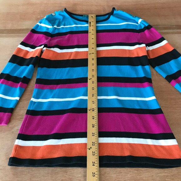 Lauren Ralph Lauren Top Women XL Blue White Striped Button Snap Accent Preppy - Picture 5 of 11